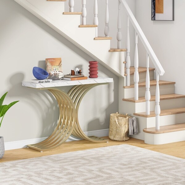X-Base Gold Console Table, Narrow Sofa Accent Table with Marble Top for entrance, Hallway - 43'' L x 11.8'' D x 32”H