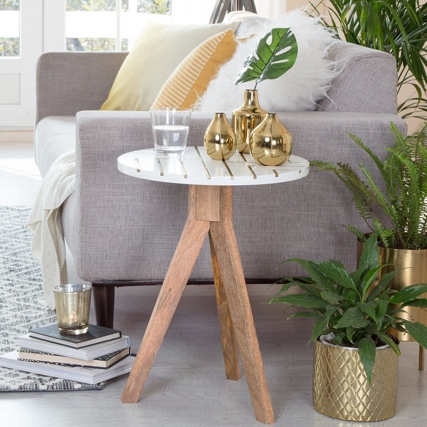 Adore Decor Amari Round Side Table, Brass Inlay Top with Solid Wood Legs, Living Room Accent Furniture, Fully Assembled, White