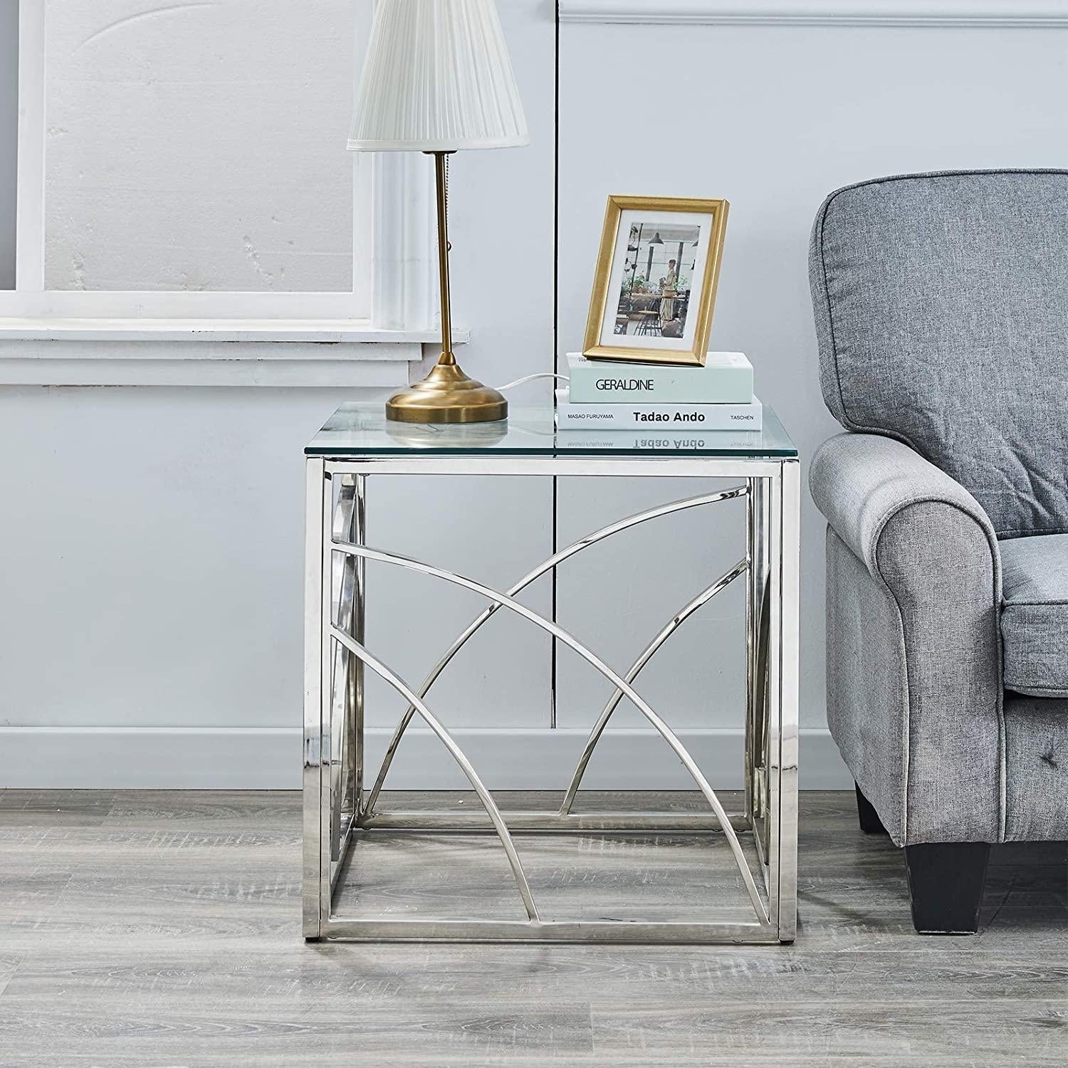Stainless Steel Coffee Table with Glass Tabletop,Silver