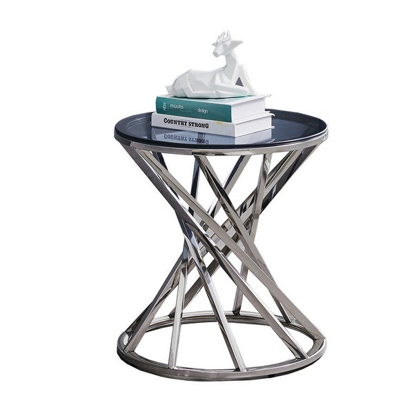 Round Glass Top Side Table with Stainless Steel Frame for Living Room, Modern Spiral Center Table Small Coffee Table End Table