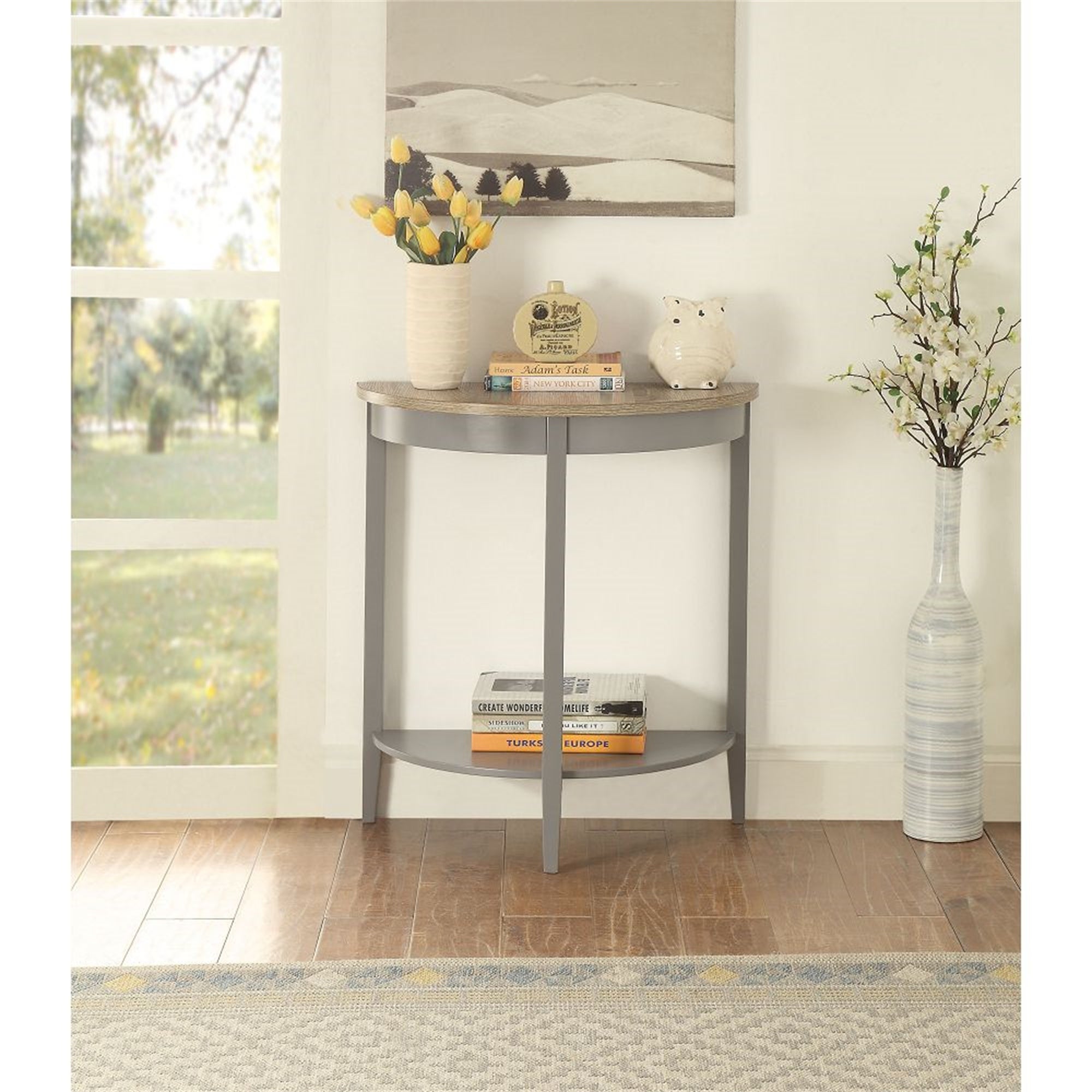 Half Moon-Shape Console Table, Side Table W/ Lower Display Shelf