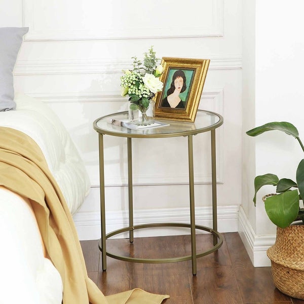 Round Side Table, Tempered Glass End Table with Golden Metal Frame, Small Coffee Table, Bedside Table, Living Room, Balcony