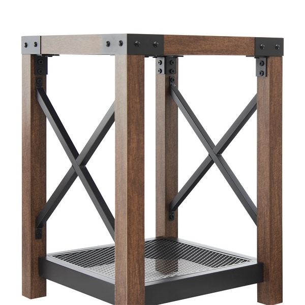 Farmhouse Wood Side Table, Nightstand with Mesh Shelf