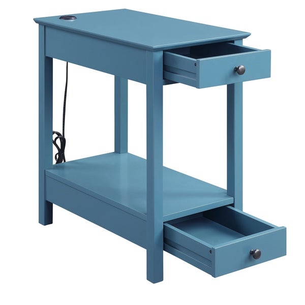 Wooden Frame Side Table with 2 Drawers and 1 Bottom Shelf, Teal Blue