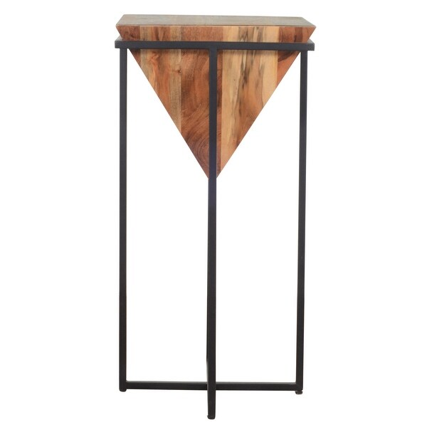 30 Inch Pyramid Shape Wooden Side Table With Cross Metal Base, Brown and Black - 30 H x 15 W x 15 L Inches