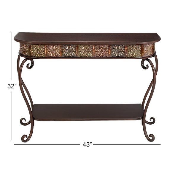 Traditional Brown Wood and Metal Console, Entryway, Hallway Table with Ornate Detailing and Round Edges, 43