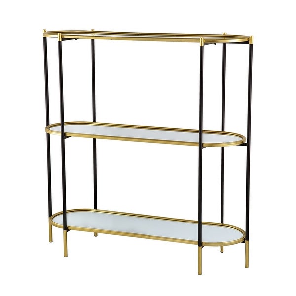 50 Inch Console Table, 3 Tier, Oblong Shaped Mirrored Top, Gold Iron Frame