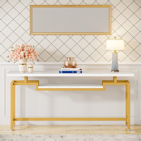 Brown/ Black 70.86 Inches Industrial Extra Long Console Entryway Table, White/ Gold Modern 2-Tier TV Stand
