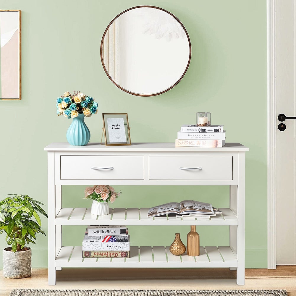 3-Tier Console Table with 2 Drawers, Sofa Table with Storage Shelves
