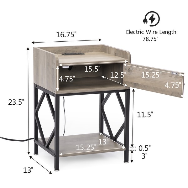 Farmhouse Wood Nightstand with Charging Station, USB Ports, and Shelf, Adjustable Foot Pads Set of 2