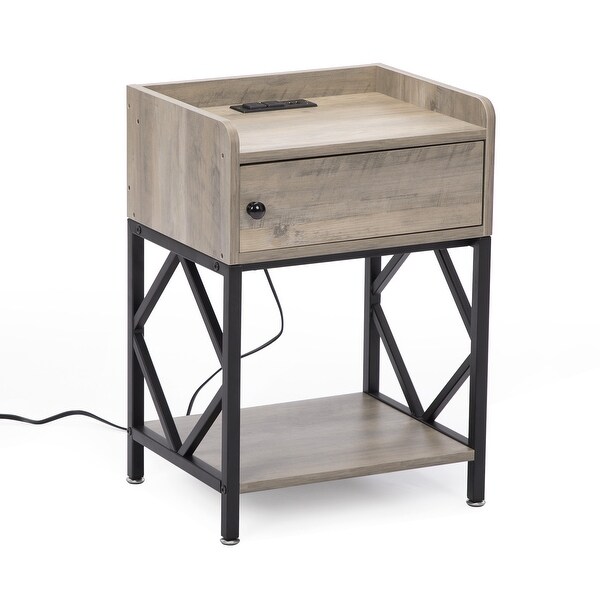 Farmhouse Wood Nightstand with Charging Station, USB Ports, and Shelf, Adjustable Foot Pads Set of 2