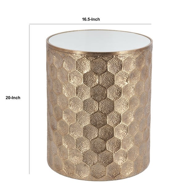 20 Inch Side Table, Iron Top, Mirrored Tabletop, Hammered Texture, Gold