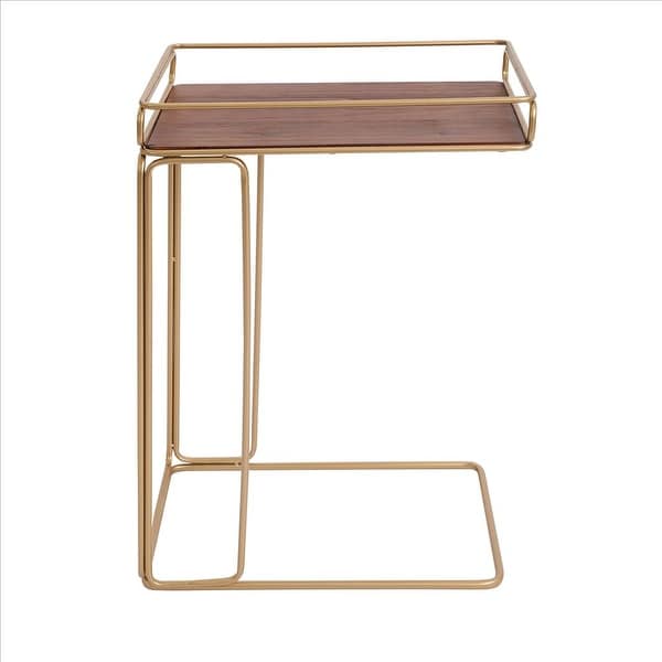 C Shaped Side Table with Metal Frame, Brown and Gold - Brown and Gold - 9.85 L x 16.15 W x 24.82 H Inches