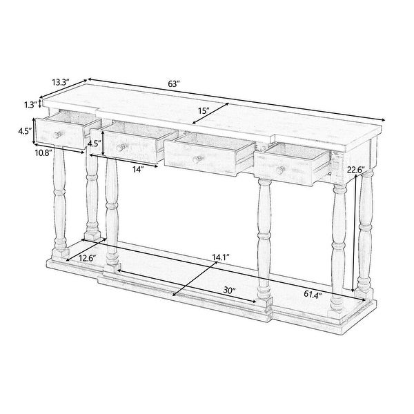 Retro Senior Console Table with 4 Front Facing Storage Drawers and a Shelf, Entryway Table for Entryway, Hallway, Living Room