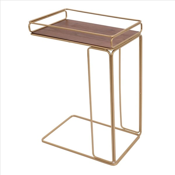 C Shaped Side Table with Metal Frame, Brown and Gold - Brown and Gold - 9.85 L x 16.15 W x 24.82 H Inches