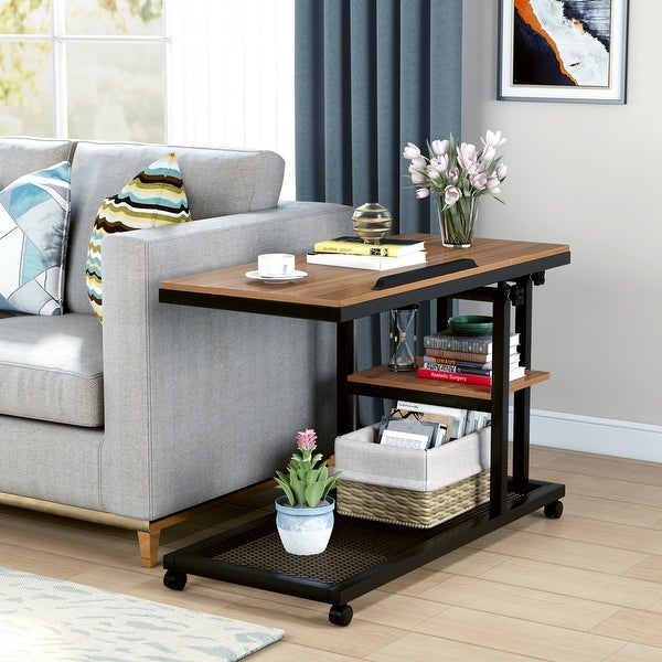 Height Adjustable C Table, Sofa Side Tables, Mobile End Table with Storage Shelves