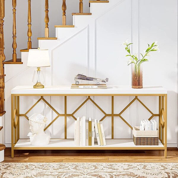 71 Inch Extra Long Console Table, Industrial Narrow Sofa Table Entry Table Behind Couch Table with Open Storage Shelf