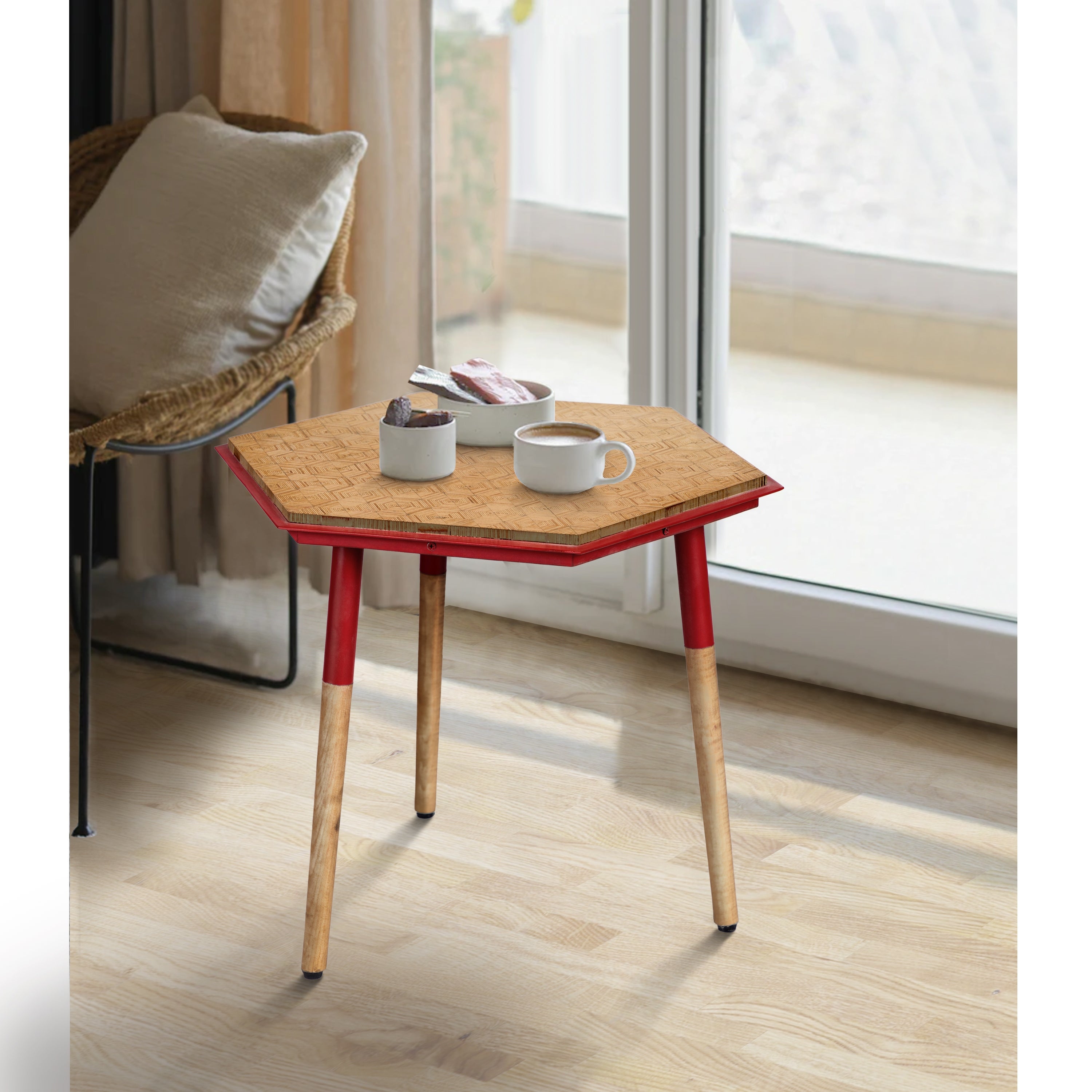 Paige 18 Inch Hexagon Illusion Wood Side Table, Brown, Red