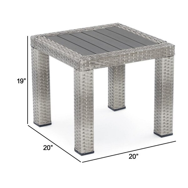 Max 20 Inch Outdoor Side Table, Gray Faux Wood Frame, Woven Resin Wicker - 19 H x 20 W x 20 L Inches