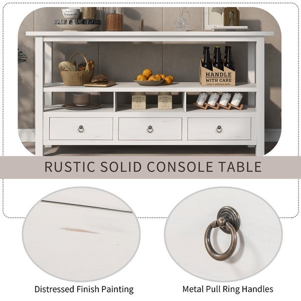 （Preferred Choice Furniture)Rustic Solid Console Table Double-Storey Tabletop with 3 Drawers for Living Room (Antique White)