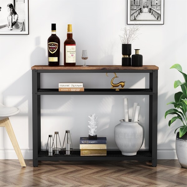 Console Table, Entryway Hallway Table with 2 Mesh Storage Shelves,Sofa Table Behind Couch