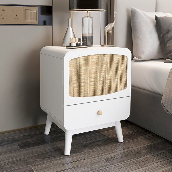 White Nightstand, Bedside Table with Storage Drawe Rattan Door