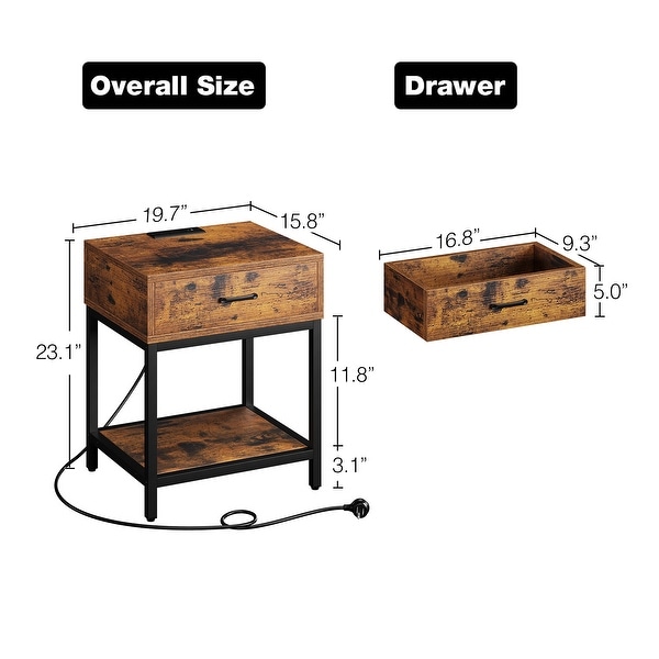 Nightstand-Bedside Table with Charging Station Type-CandUSB Ports, Modern End Table