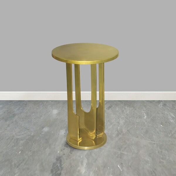 Cyrus 18 Inch Round Accent Side Table, Cast Aluminum, Arched Cut Out Frame, Brass