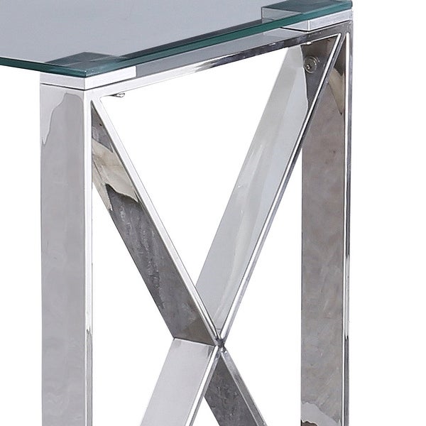 22 Inch Metal X Frame Glass Top Side Table, Silver