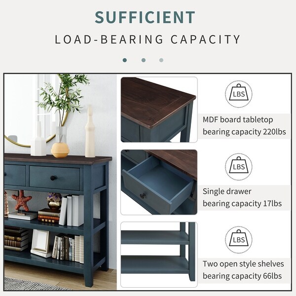 Mid-Century Style Console Table with 3 Drawers 2 Open Shelves, Modern Sofa Table with Solid Wood Frame and Legs for Living Room