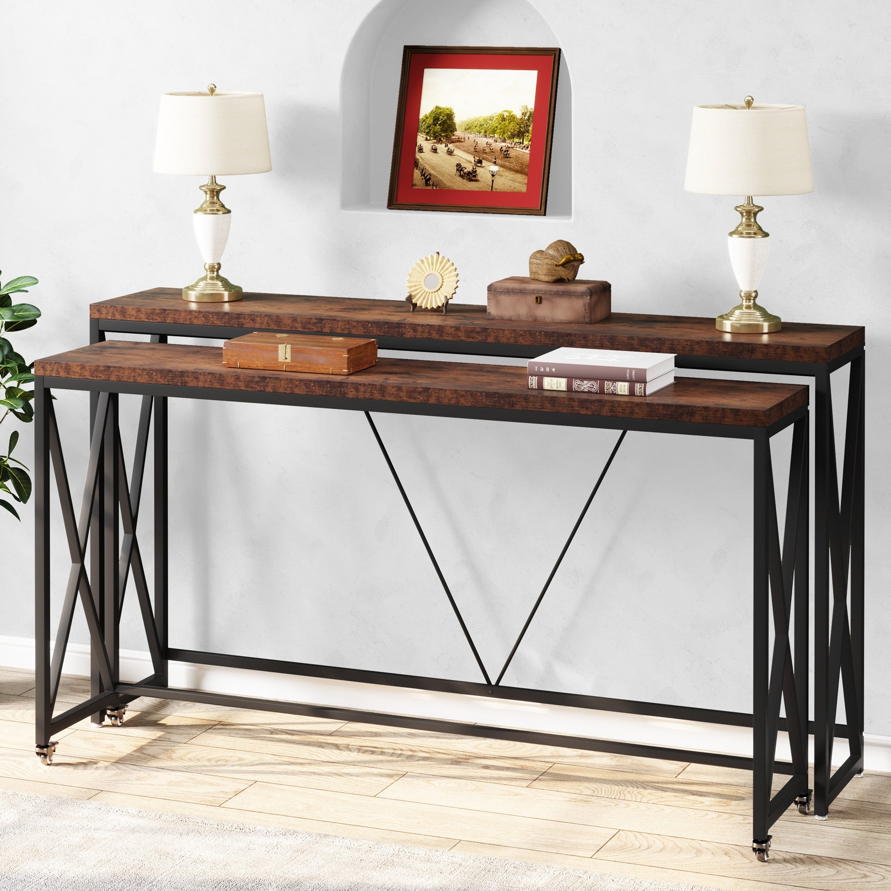 Industrial Sofa Table Set of 2, Narrow Long Sofa Console Tables with Wheels for Entryway