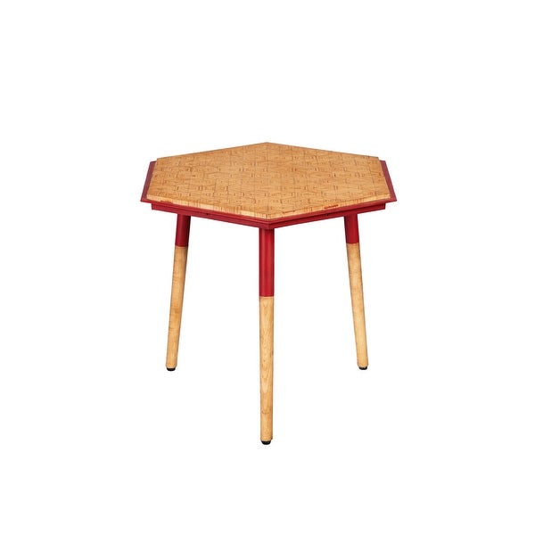Paige 18 Inch Hexagon Illusion Wood Side Table, Brown, Red