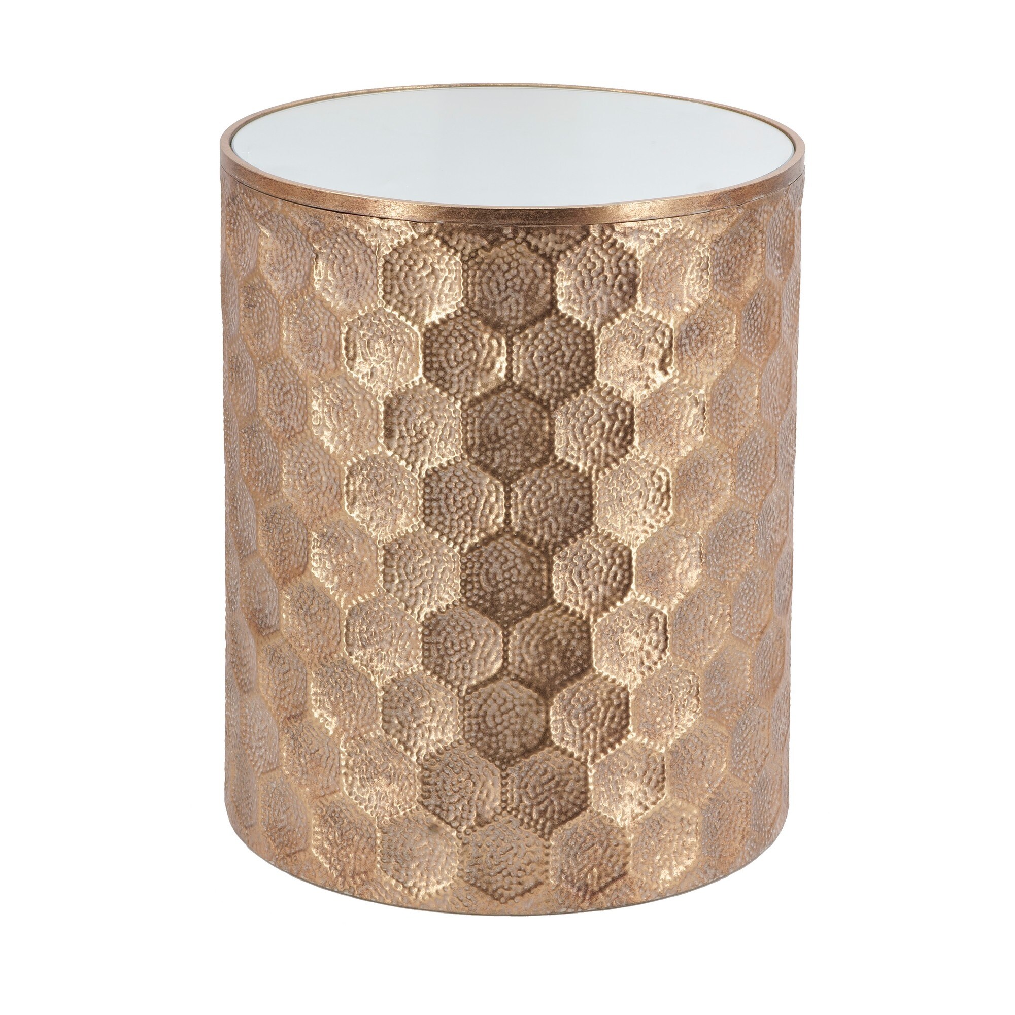 20 Inch Side Table, Iron Top, Mirrored Tabletop, Hammered Texture, Gold