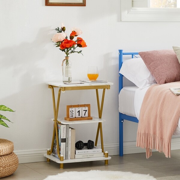 VECELO Modern 3-tier Side Table/End Table, X-cross Metal Frame Storage Shelf - (Set of 2)