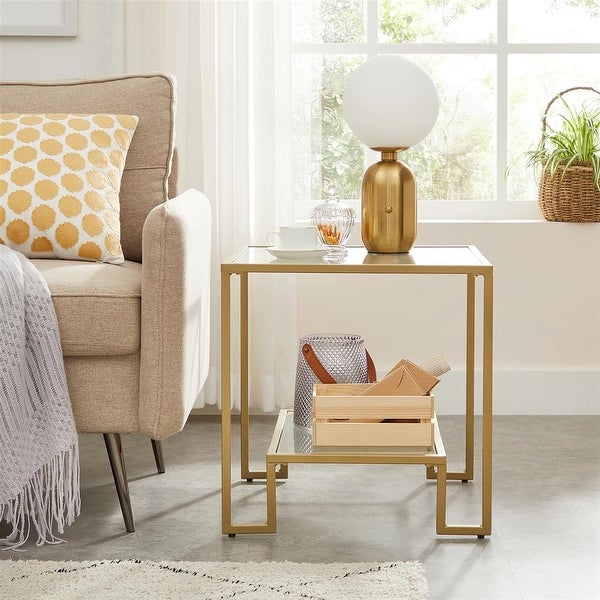 Side Table, End Table, Nightstand, Glass Shelves, Steel Frame, for Living Room Bedroom, 19.7 x 19.7 x 19.7 Inches, Golden