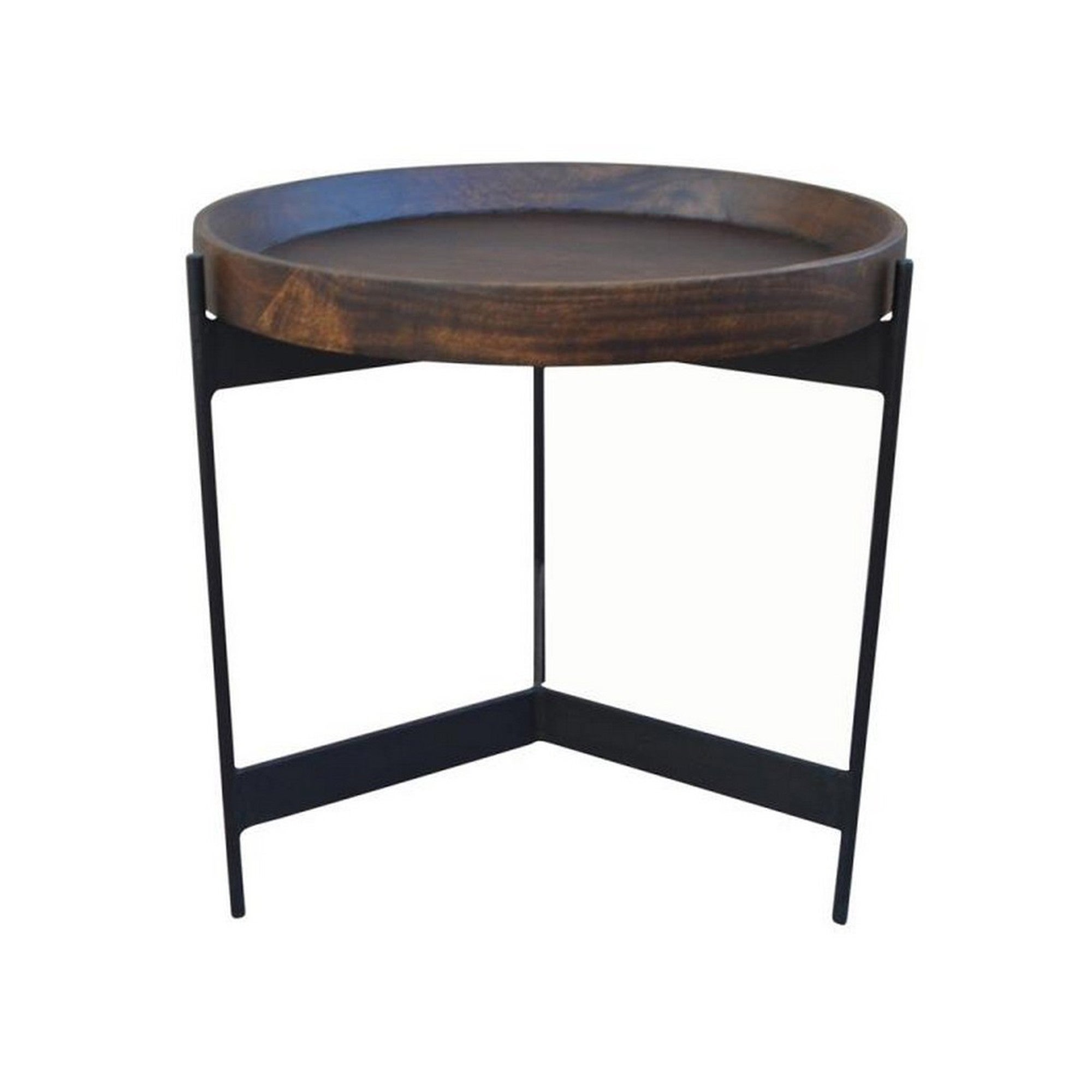 24 Inch Round Side Table, Dark Brown Mango Wood Tray Top, Black Iron Legs