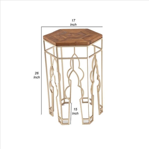 Nesting Side Table with Hexagonal Top, Set of 2, Brown and Gold - 26 H x 17 W x 15 L Inches