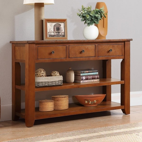 48'' Solid Pine Wood Top Console Table, Modern Entryway Sofa Side Table with 3 Storage Drawers and 2 Shelves. Easy to Assemble