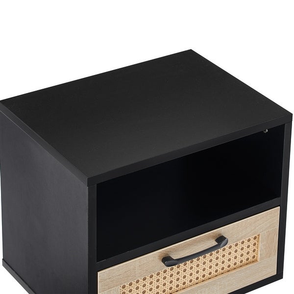 Modern Rattan Side table/Nightstand with 1 Shelf,1 drawer and 4 Solid Wood Legs