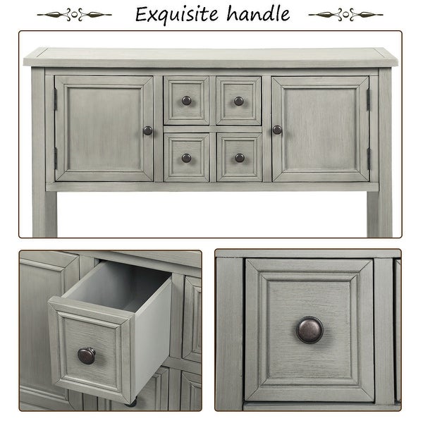 Wooden Console Table with 4 Storage Drawers and 2 Cabinets, Sofa Table with Bottom Shelf and Solid Wood Legs, Antique Gray