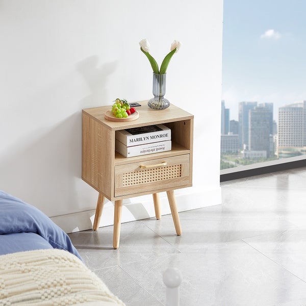 Modern Side table with Drawer and Solid Wood Legs,Rattan Nightstand with Power Outlet and USB Ports