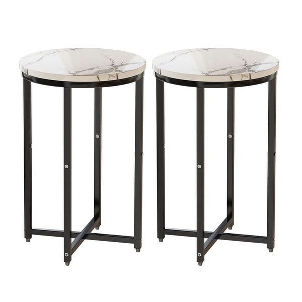 Round End Side Table with Faux Marble Top and Metal Frame, Set of 2
