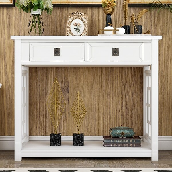 Classic Console Table with 2 Drawers and Open Bottom Shelf, Modern Solid Wood Sofa Table for Entryway Accent, Living Room, Bedroom