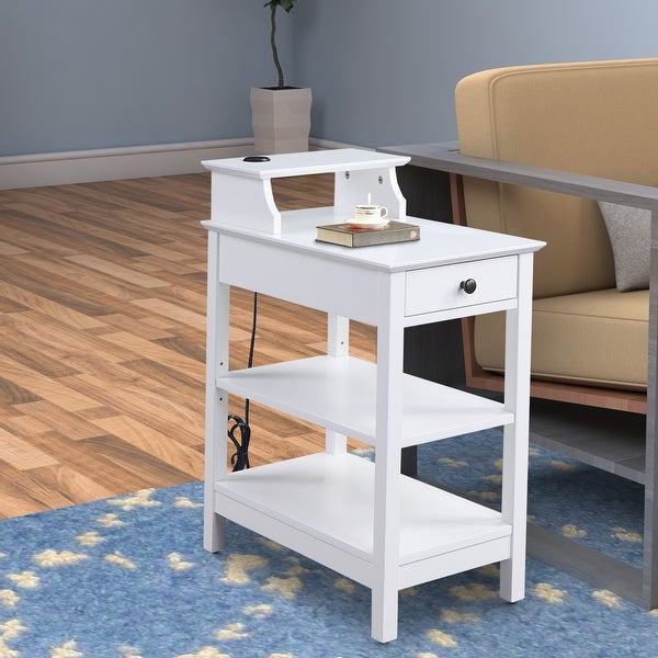 Wooden Frame Side Table with 3 Open Compartments and 1 Drawer, White