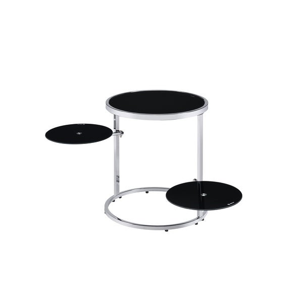 Round Side Table 2 Swiel Tier Shelf Open Frame Tempered Glass Side Table, Black and Chrome Finish