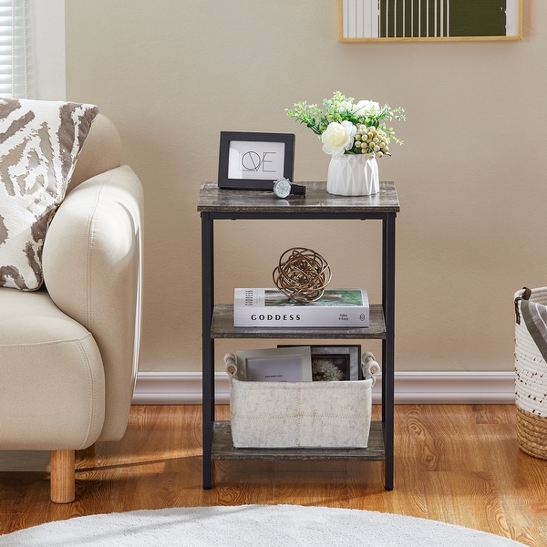 Set of 2 End Table With Wood Storage Shelf, 3-Tier Bedside Sofa Side End Table Storage Display Shelf