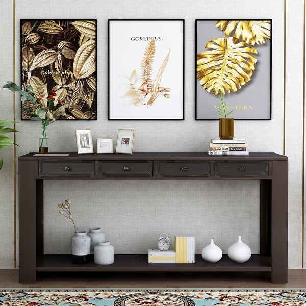 Chic Console Table Side Table with 4 Drawers and Bottom Open Shelf, Solid Wood Sofa Table Entryway Table for Entryway Living Room