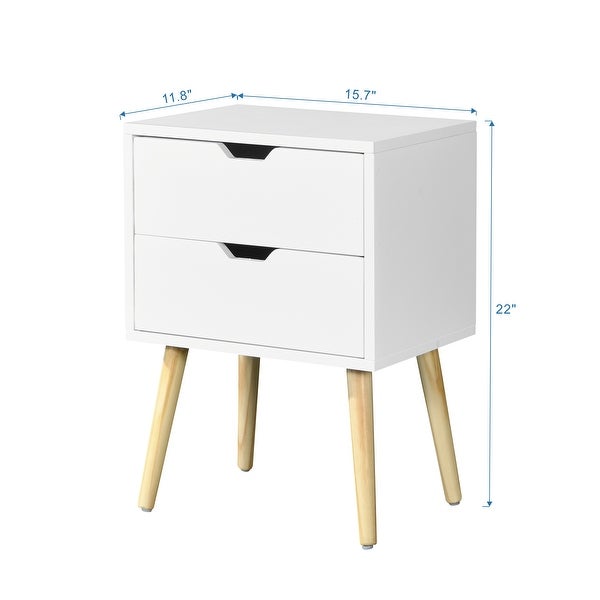 Side Table with 2 Drawer and Rubber Wood Legs, Mid-Century Modern Storage Cabinet for Bedroom Living Room