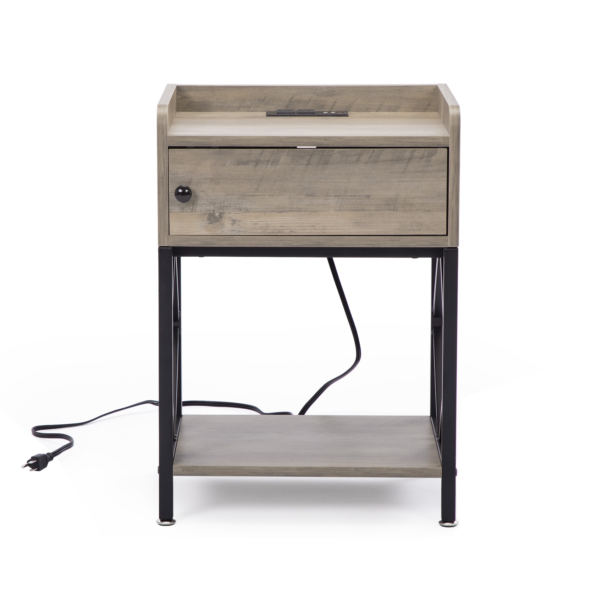 Farmhouse Wood Nightstand with Charging Station, USB Ports, and Shelf, Adjustable Foot Pads Set of 2