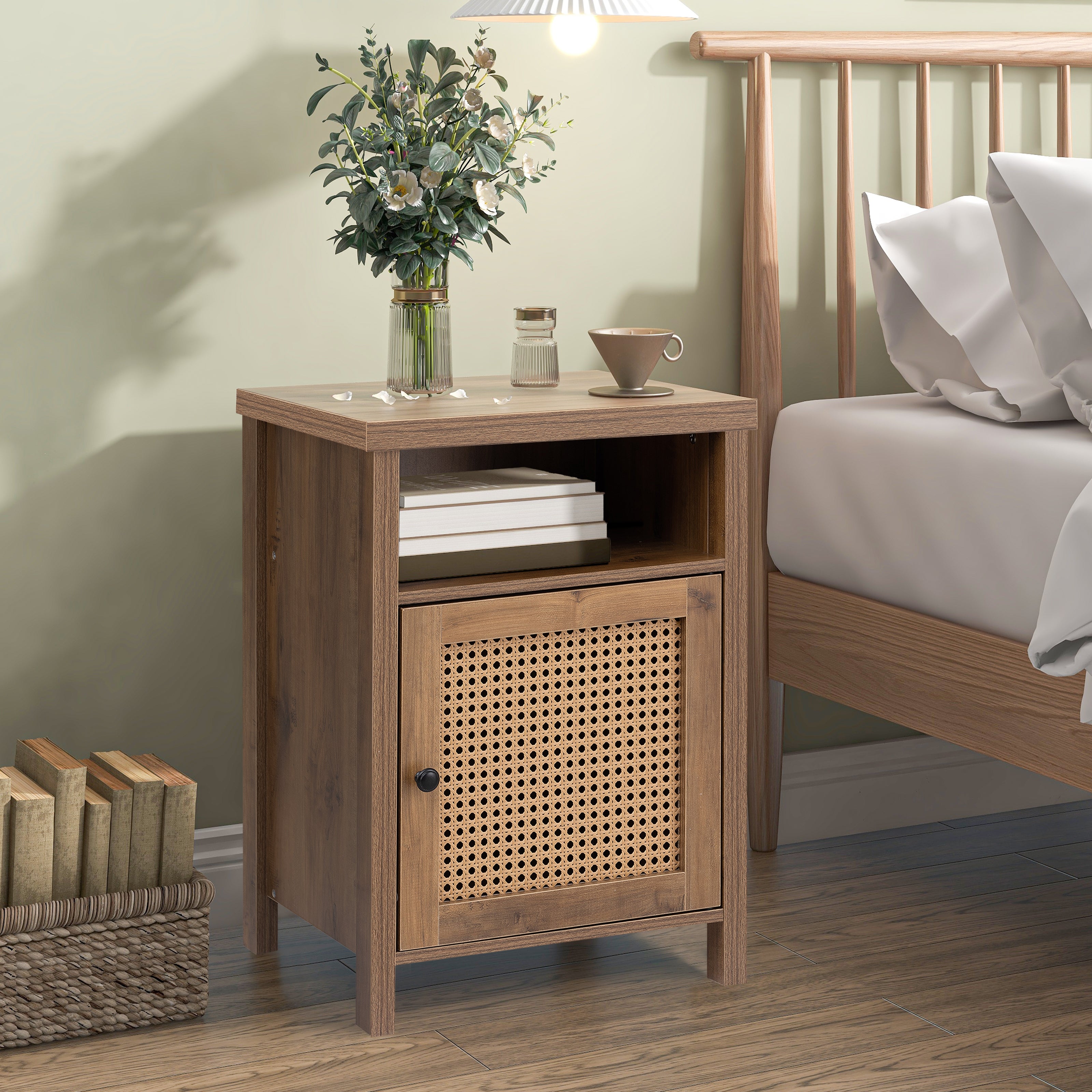 Bedside Cupboard,Bedside Table, Drawer Cabinet, Single Door Side Cabinet, Rattan Cabinet Door, Yellow